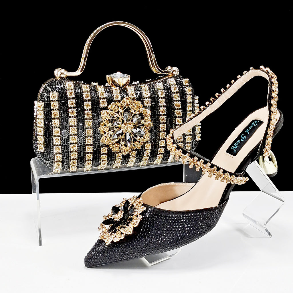 Sexy Women's High Heel Shoes and Bag Set with Rhinestones, Sizes 38-43