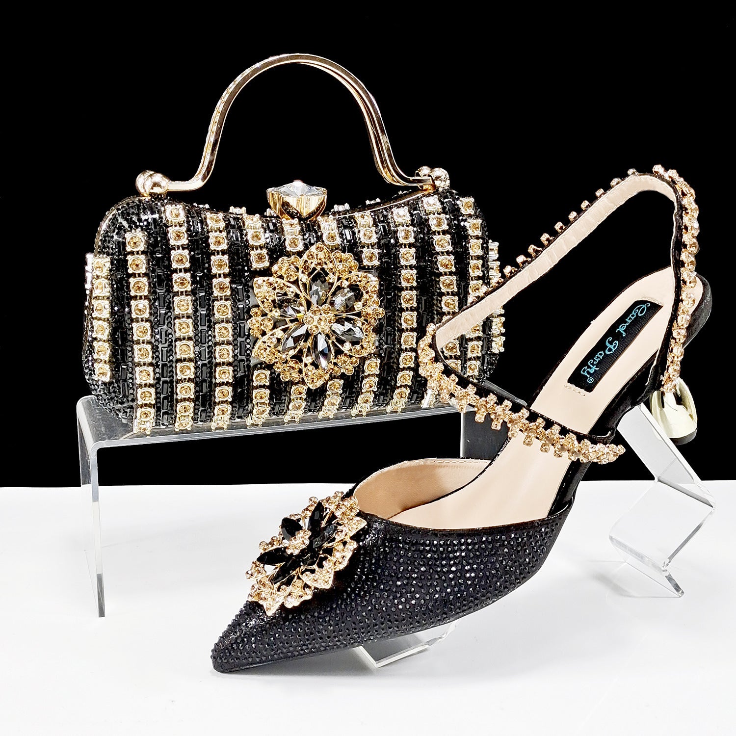 Sexy Women's High Heel Shoes and Bag Set with Rhinestones, Sizes 38-43