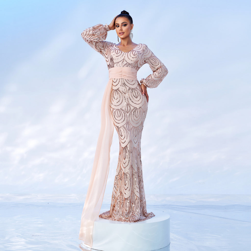Robe de soirée élégante à col en V et sequins, manches longues, pour événements à Dubaï