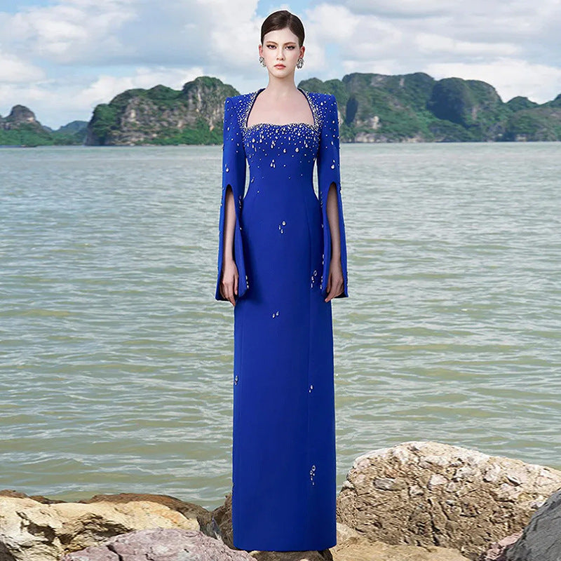 Embellished Beaded Long A-Line Dress with Slit Sleeve and Square Neckline