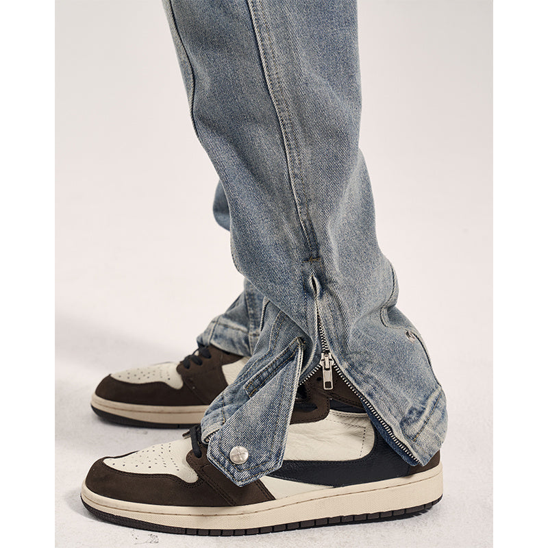 High Street Washed Blue Distressed 3D Cut Jeans With Side Zipper