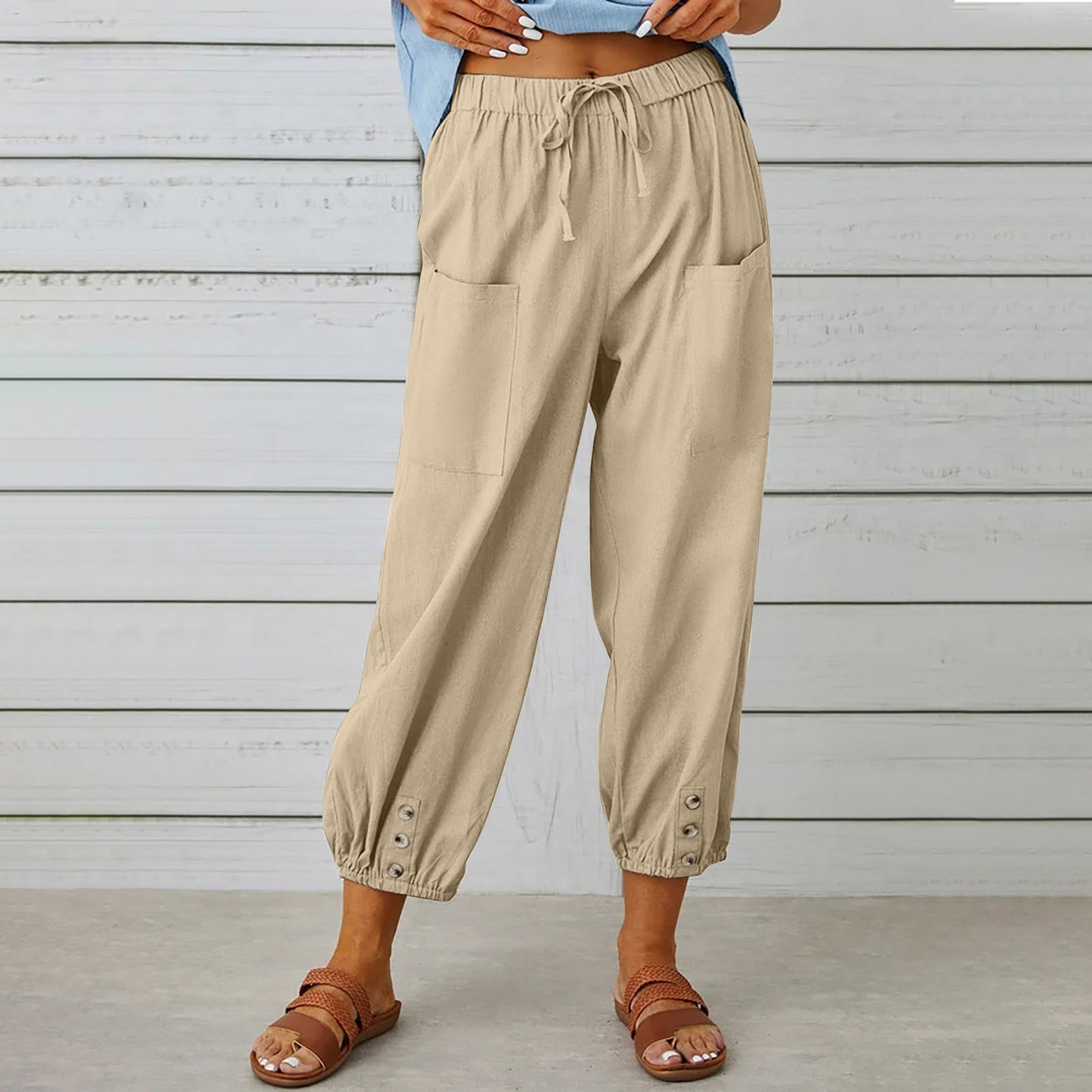 Women’s Cotton Linen Drawstring Pants With Pockets & Button - Spring Summer