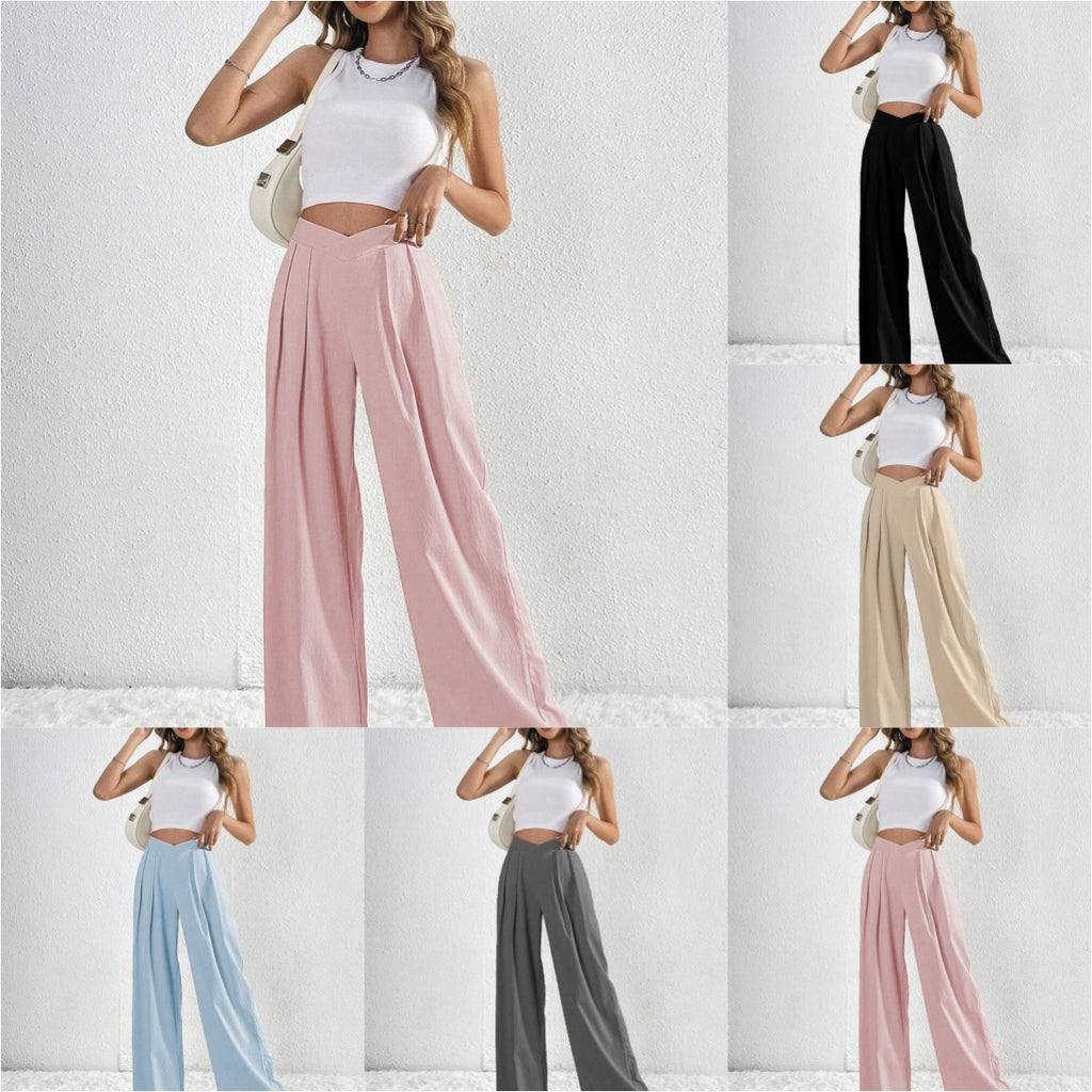 Summer Solid Color Pleated Wide-Leg Casual Pants for Women
