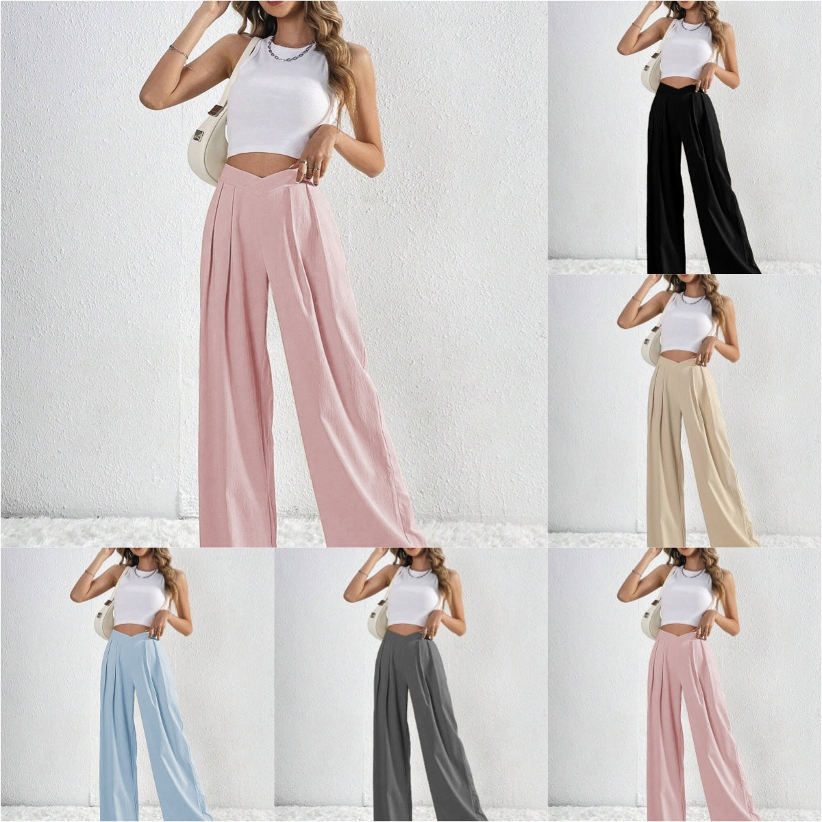 Summer Solid Color Pleated Wide-Leg Casual Pants for Women
