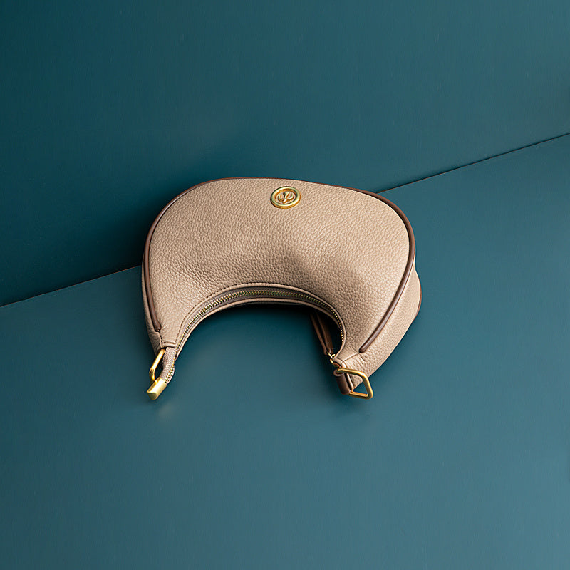 Niche Design Genuine Cowhide Leather Khaki Underarm Bag