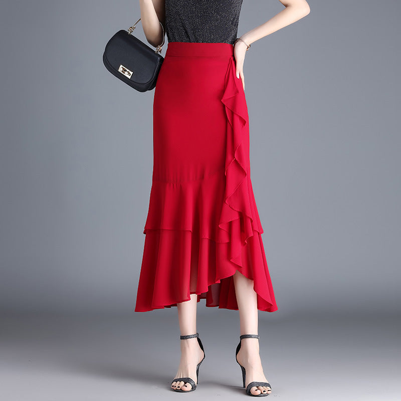 Leopard Print Ruffled Chiffon High Waist Asymmetric Skirt