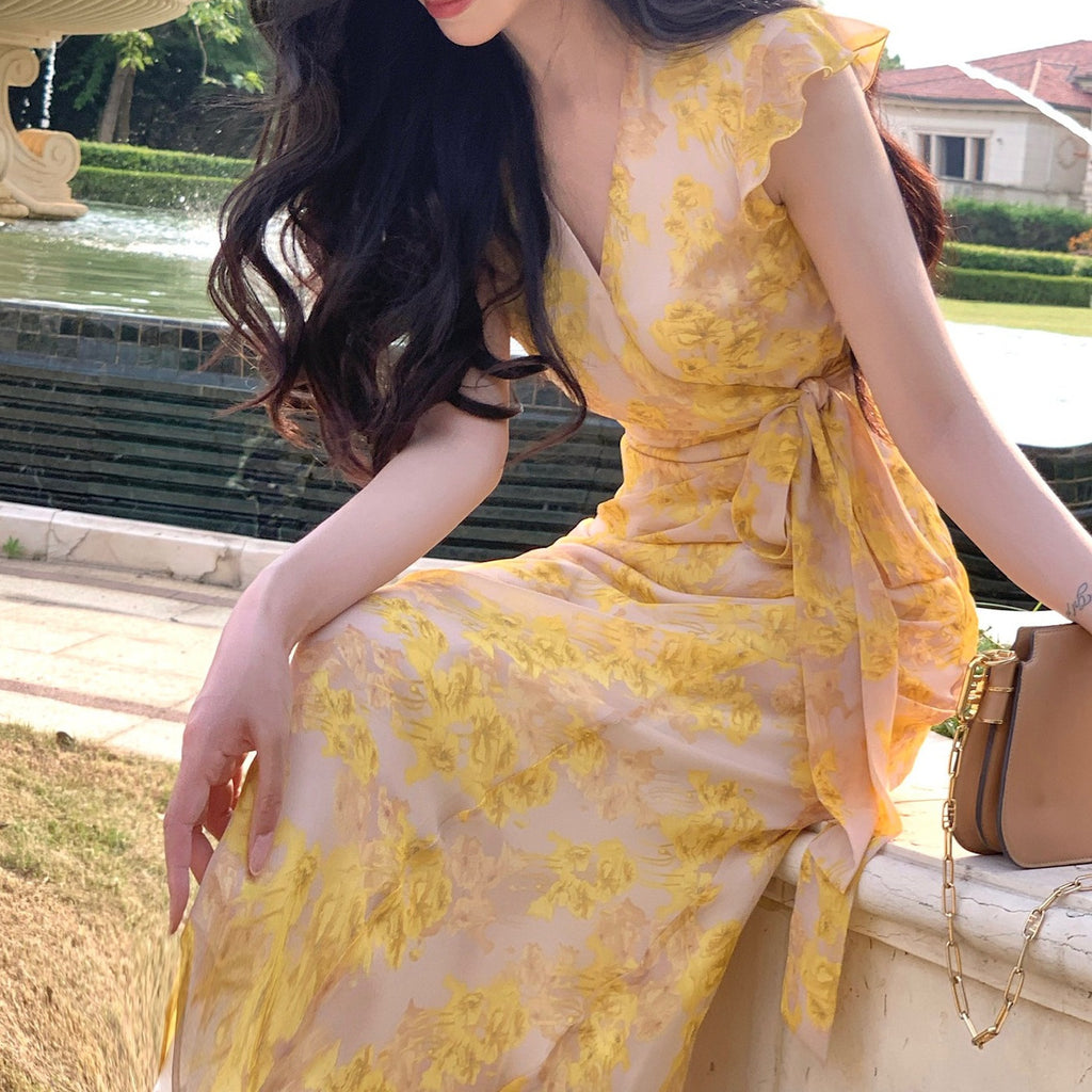 Women's Retro French Floral High Waist Dress