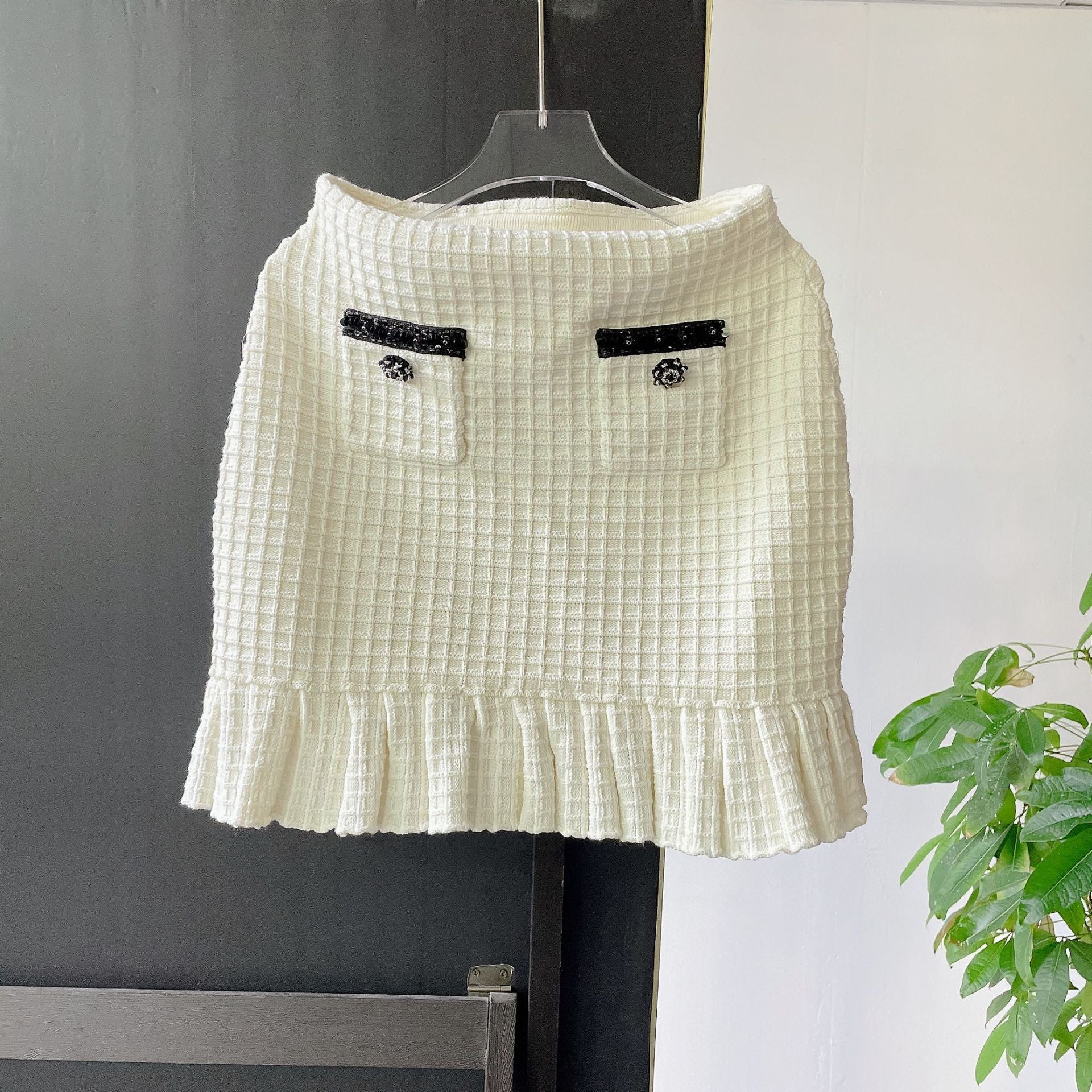 Winter Women's Two-Piece Knitted Cotton Top & Plaid Skirt Set