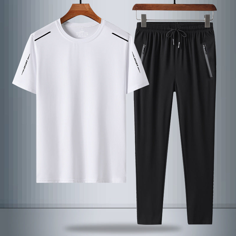Men's Ice Silk Quick-Dry Two-Piece T-Shirt & Trousers Set