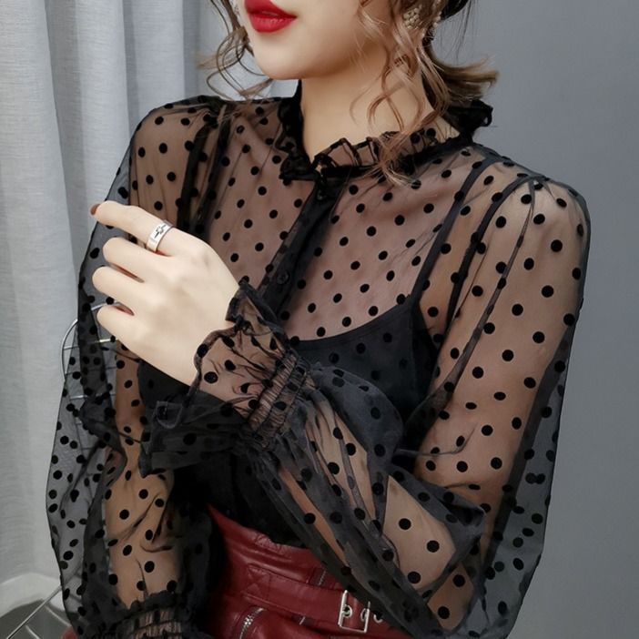 Women's Milk Tea Polka Dot Mesh Long Sleeve Shirt