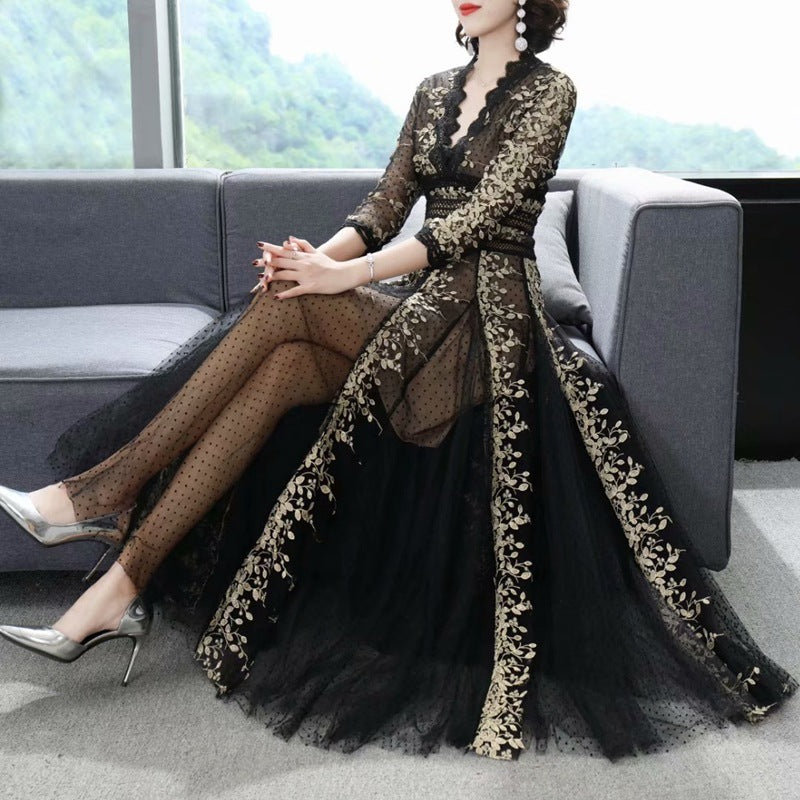 Robe de soirée arabe en maille brodée noire