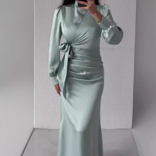 High Waist Slim Tight Waist Long Dress with Lace-Up Detail