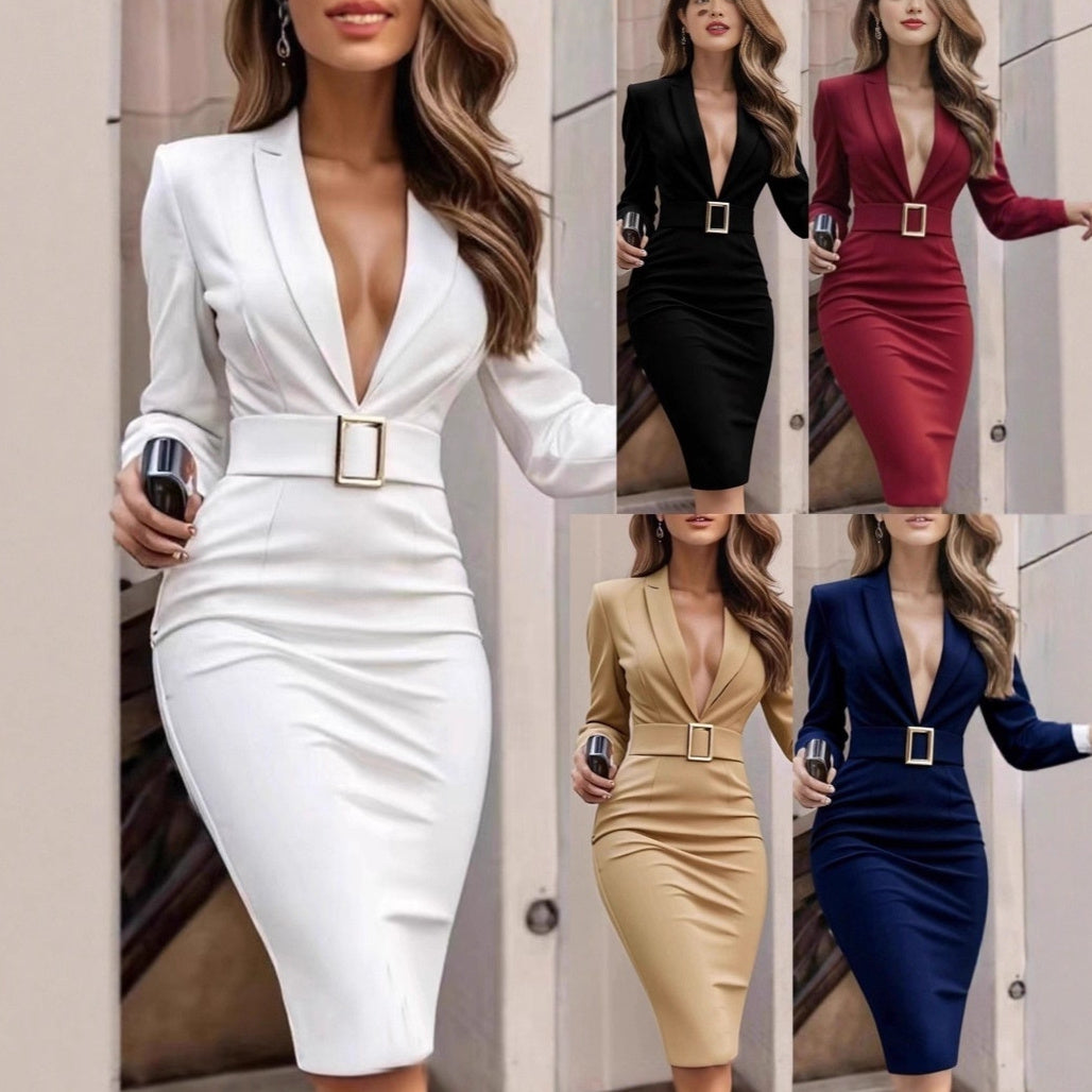 Robe moulante unie sexy à col en V et manches longues
