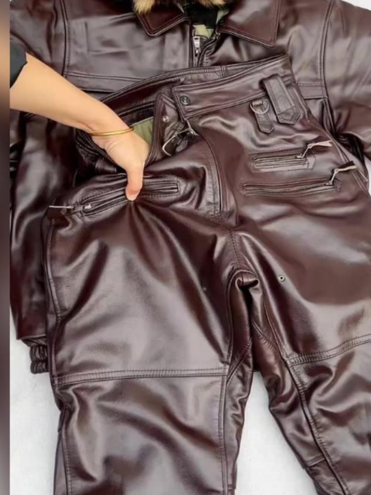 Brown With Velvet Leather Pants Loose Slimming