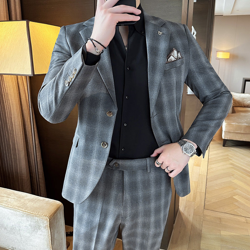 Men's Plaid Leisure Business Formal Two-Piece Suit Set in Gray and Brown