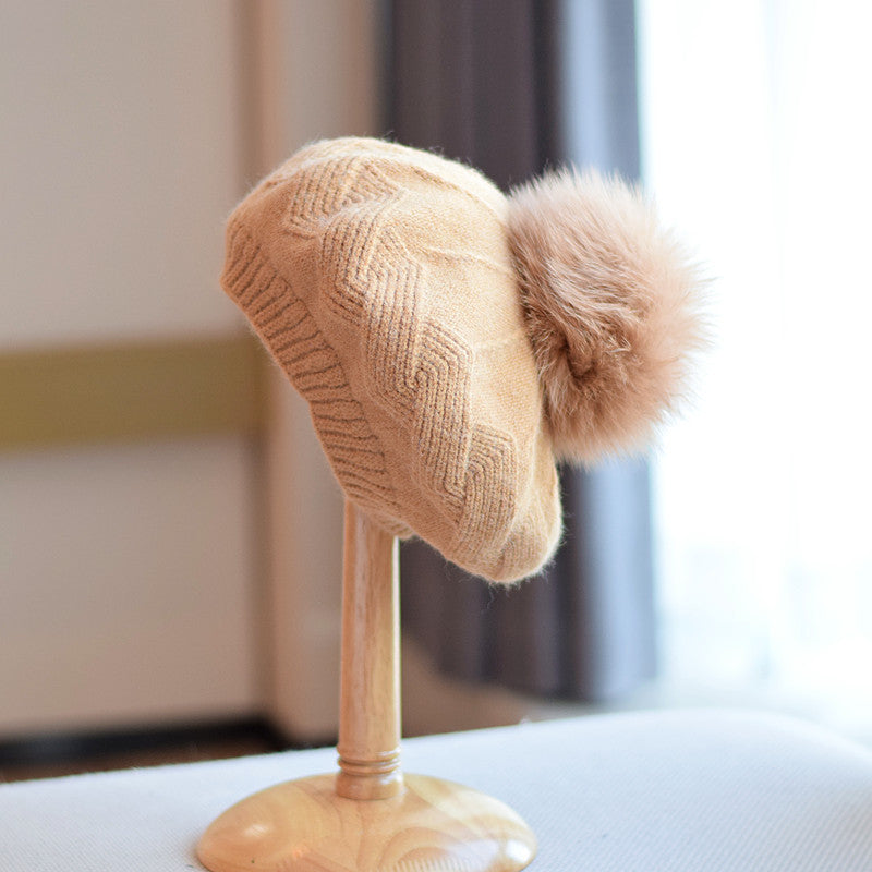Bonnet en laine tricotée pour femme avec pompon en fourrure de renard, automne-hiver, taille M (56-58 cm)
