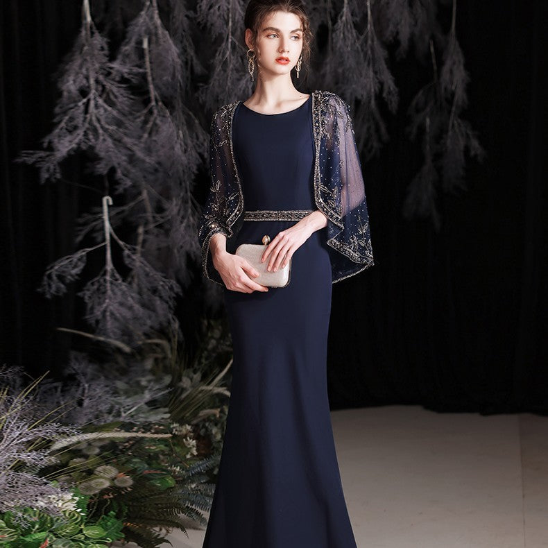 Robe longue Banquet Celebrity Gas Field Queen avec châle sirène, bleu-vert, polyester