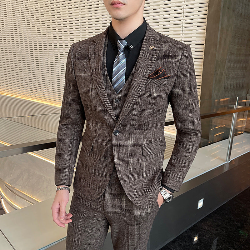 Casual Banquet Three-Piece Suit Set in Brown, Dark Gray & Blue