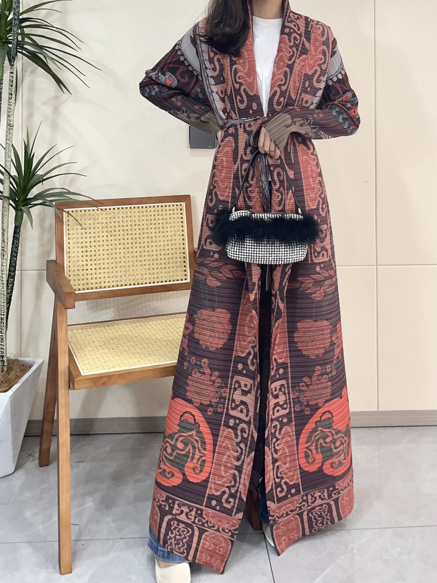 Pleated Print Fashionable All-match Lace-up Loose Arabian Abaya Robe