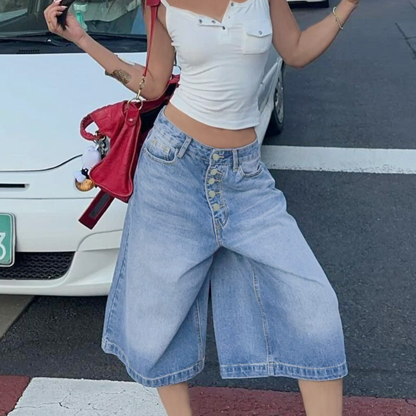 Multi-Breasted Mid-Waist Denim Shorts in Light Blue, Black & Blue