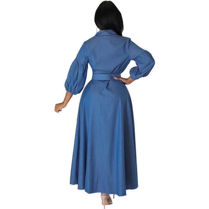 Women's Blue Denim Long Sleeve Shirt with Belt