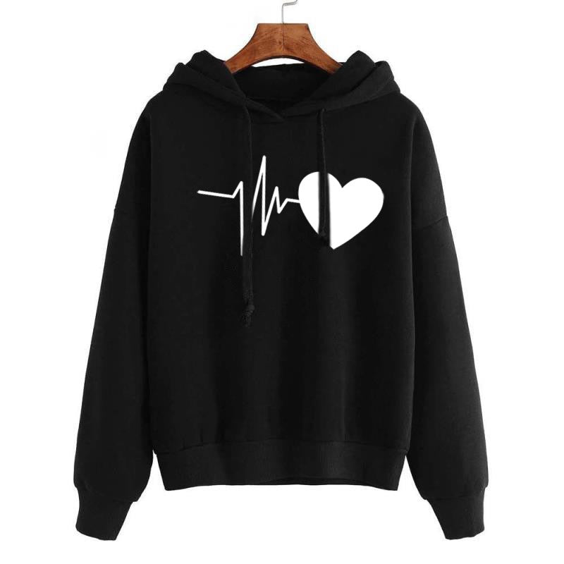 Sweat à capuche streetwear pour femme à imprimé cœurs, manches longues, pull, printemps-automne