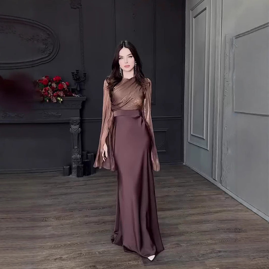 Satin Slim Fit Dress with Large Batwing Sleeves and Stitching Glass Yarn