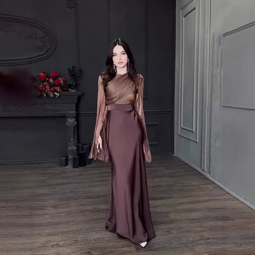 Satin Slim Fit Dress with Large Batwing Sleeves and Stitching Glass Yarn