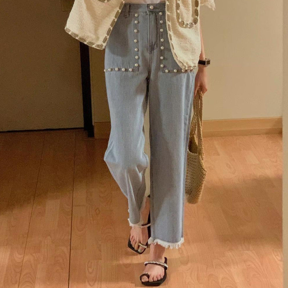 Light Blue High Waist Pearl Pocket Elastic Waist Cropped Jeans