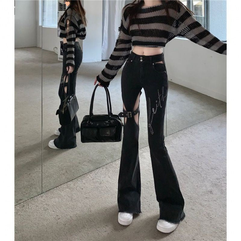 Black High Waist Hollowed-Out Ripped Denim Jeans for Women