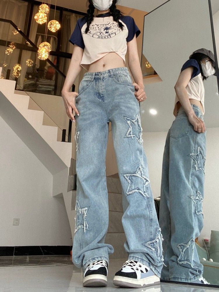 Women's Retro Blue Denim High Street Jeans