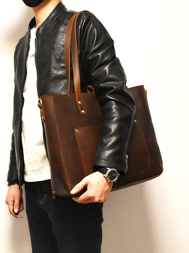 Vintage Crazy Horse Leather Handbag Large Capacity Coffee Color