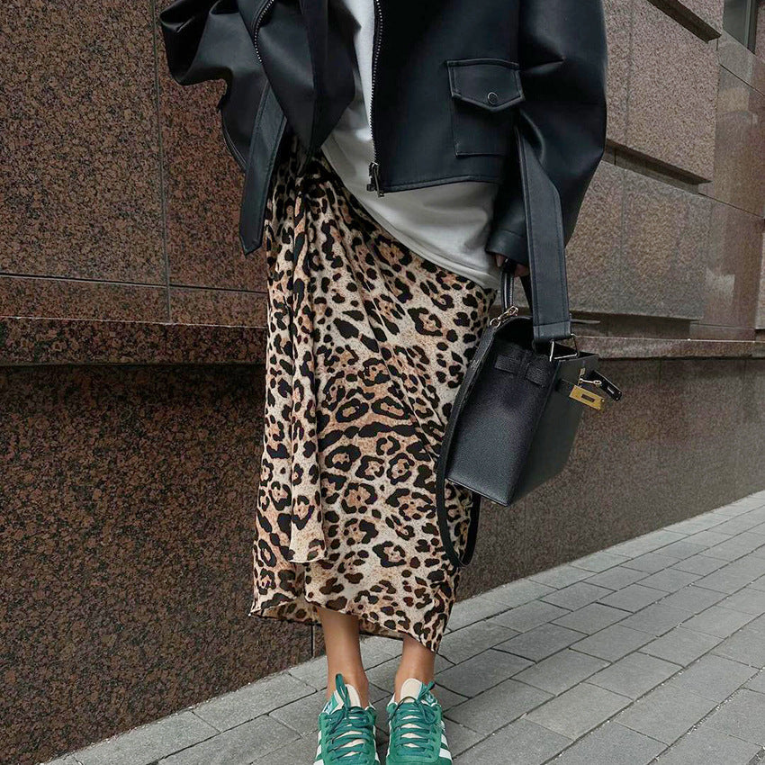 Brown Leopard Print Polyester A-Line Long Skirt European American Street Style