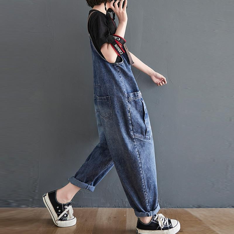 Women's Loose Light Blue Denim Overalls High Waist Slim Fit