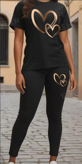Women's Heart Print Short Sleeve T-Shirt & Leggings Set