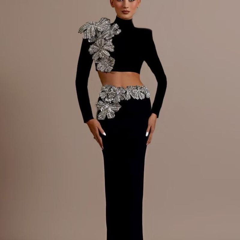 Black Polyester Two-Piece Set Long Sleeve Top & High Waist Skirt