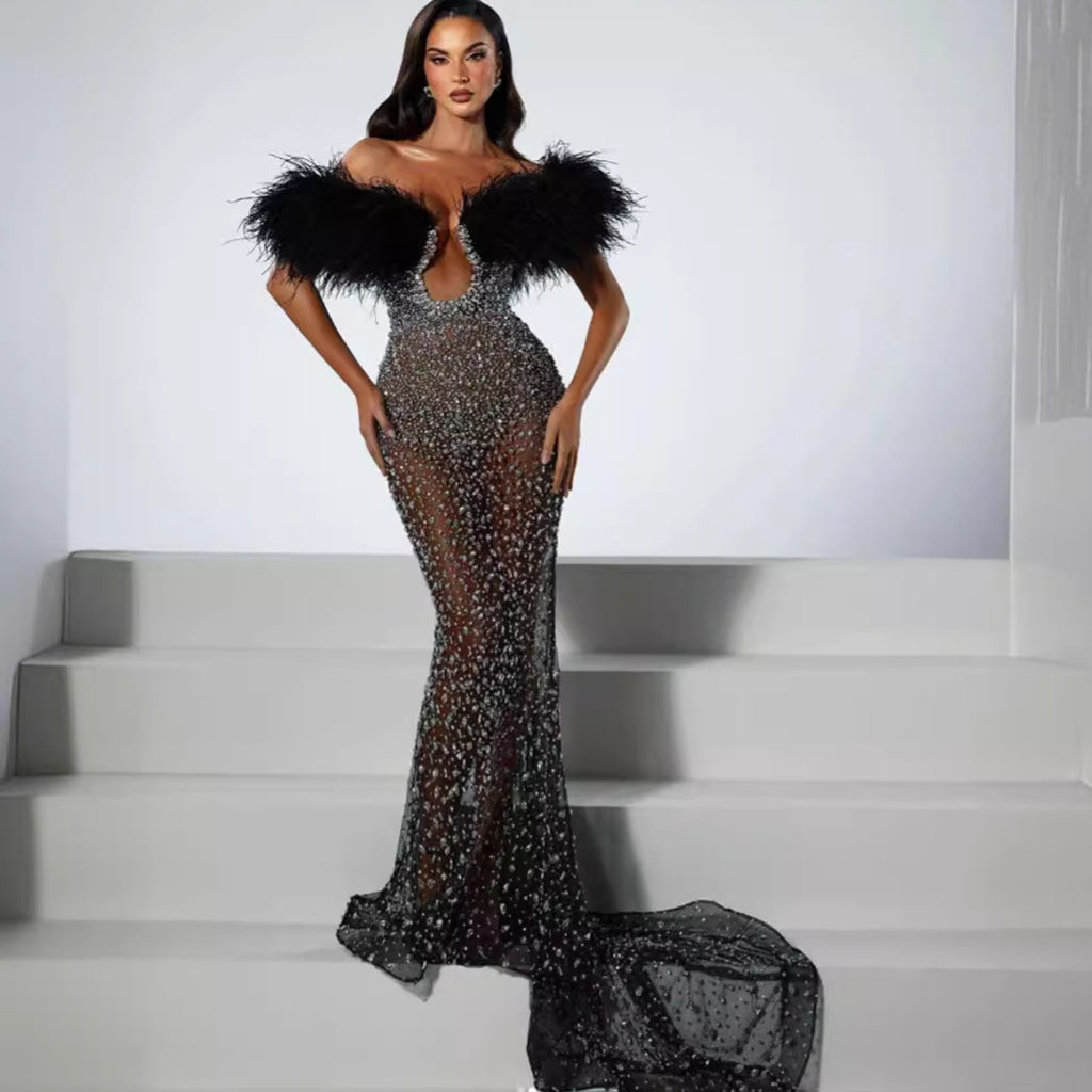 Robe Tube Col V Pailletée Luxe Plumes Strass Noire Taille Haute