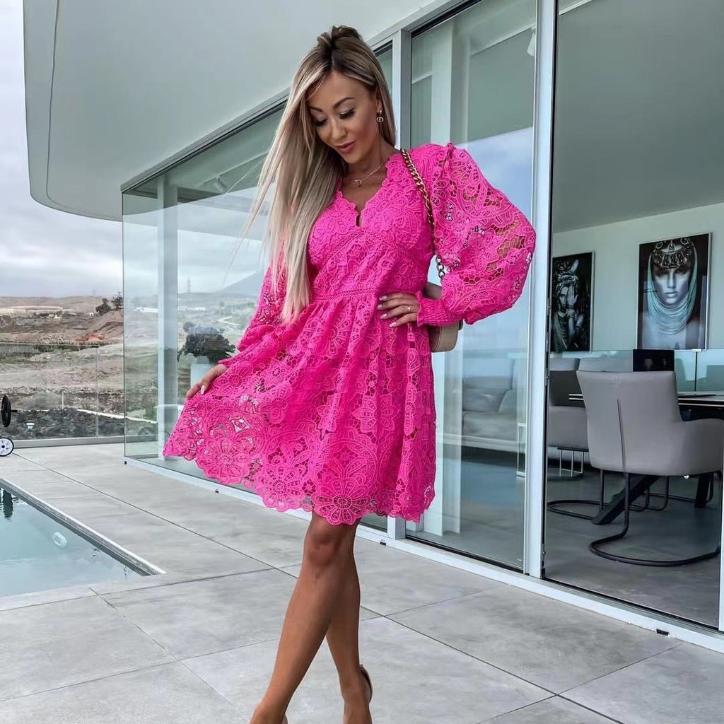 Sexy Hollow Lace Embroidered V-Neck Medium Dress for Commute