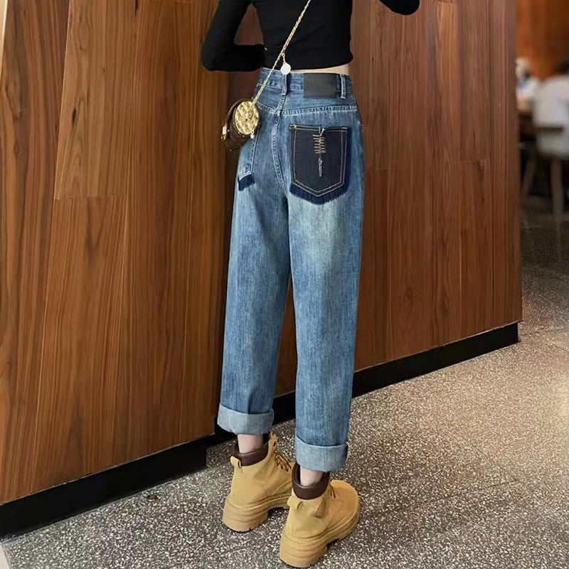 Jeans harem en jean bleu rétro taille haute pour femme avec broderie au dos