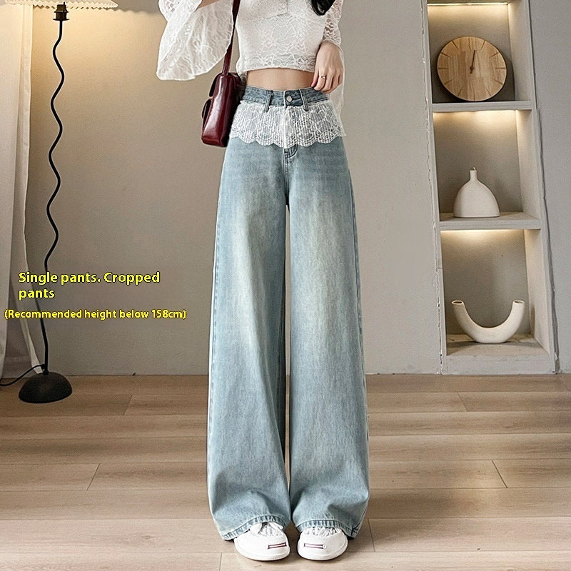Jean large droit amincissant en dentelle