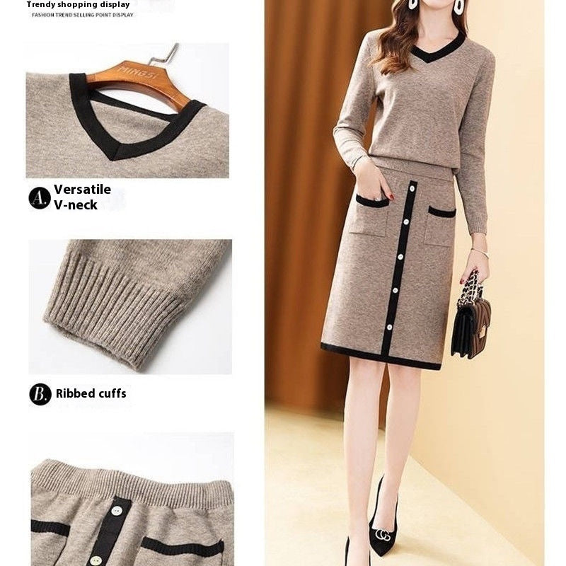 Women’s Knitted Sweater and Skirt Two-Piece Suit Slim Fit Solid Color