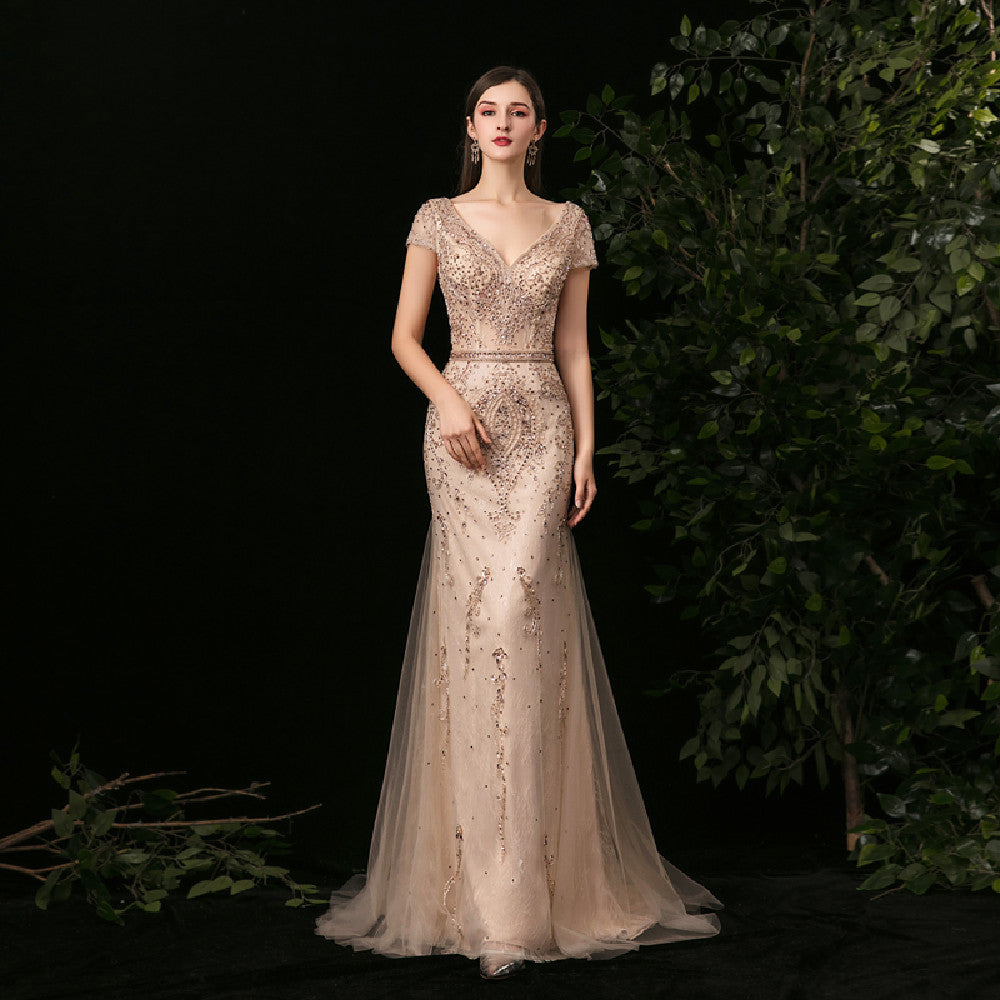 Atmospheric Korean Fishtail Long Dress with Zipper in Black Gold