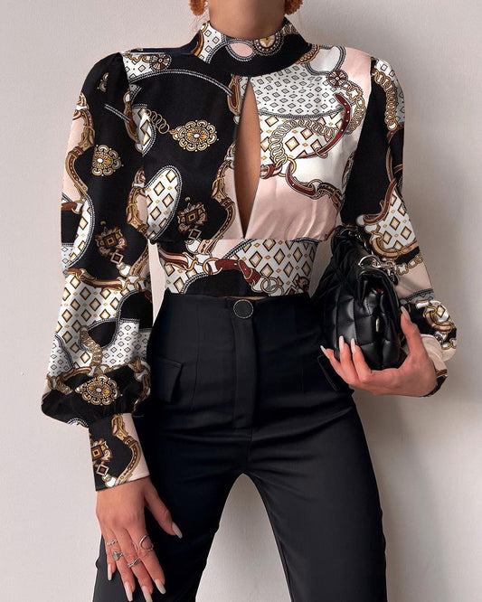 Women's Stand Collar Long Sleeve Lantern Sleeve Cutout Top