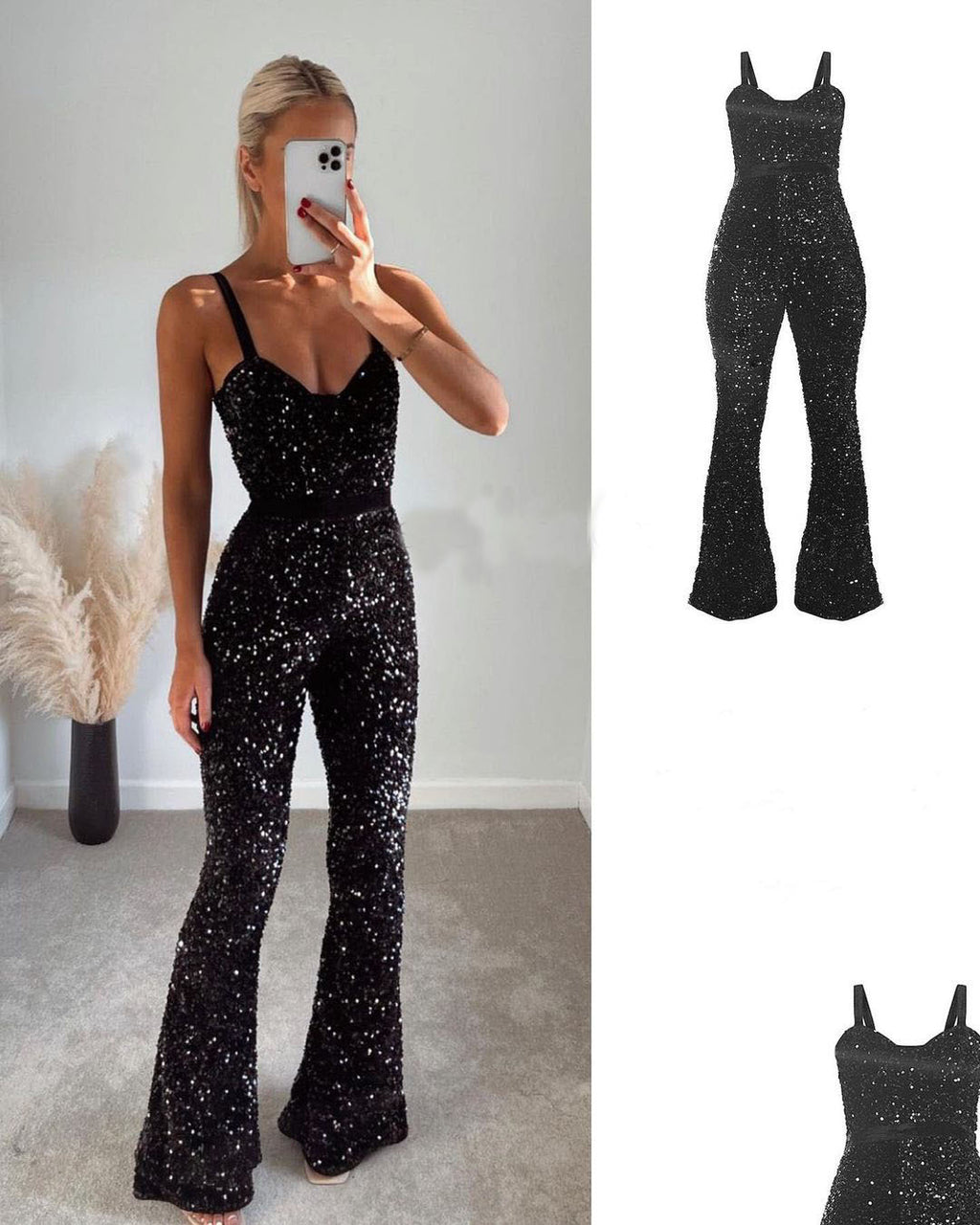 Combinaison flare femme noire à sequins et bretelles avec coutures aux hanches en polyester