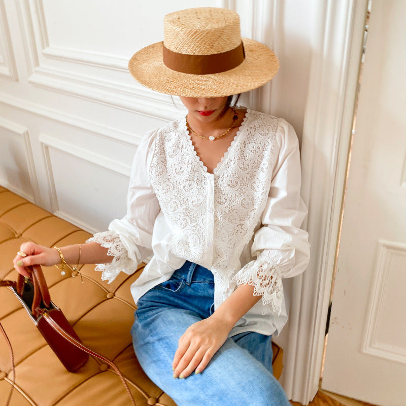 Cardigan blouse en dentelle de coton pour femme, style français