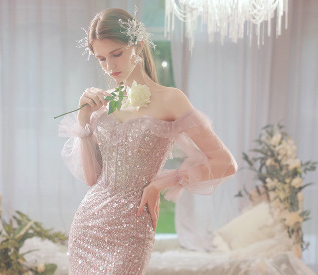 Peach Pink Sleeveless One-Shoulder Wedding Toast Dinner Dress