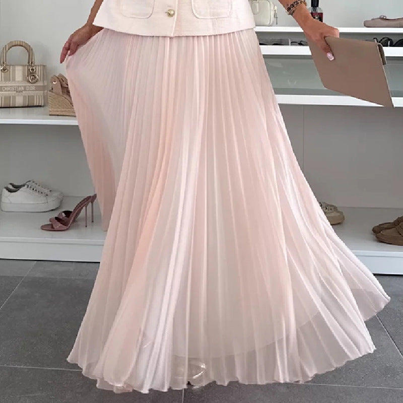 Sleeveless Chanel-Inspired Vest & Mesh Pleated Skirt Two-Piece Set