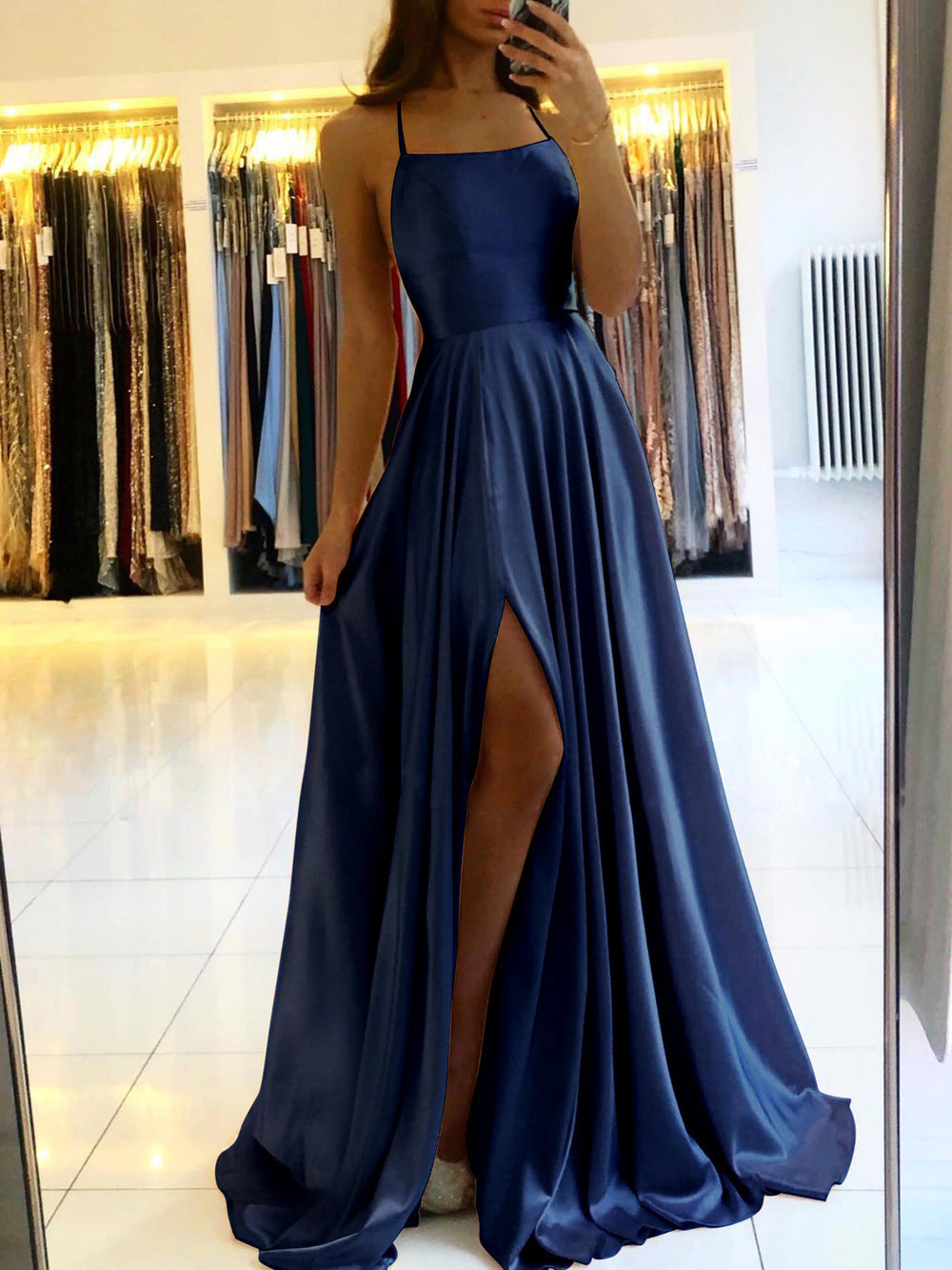 Long Slim Strap Backless Dress with High Slit for Dance and Hosting