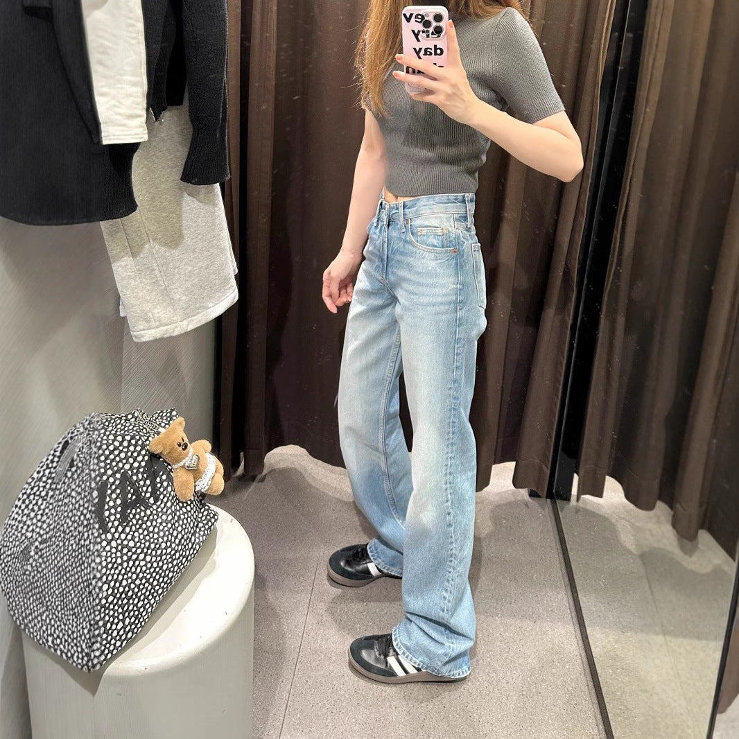 Plus Size High Waist Blue Washed Straight Jeans for Women Spring