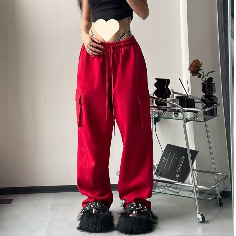 Women's Red High Waist Wide-Leg Pants with Pockets S-2XL